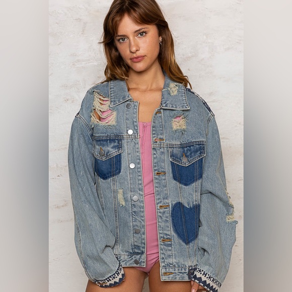 111. POL LAST 1! Coat Jacket Blue Scratched Pockets Heart Distressed Long Sleeve - Picture 4 of 9